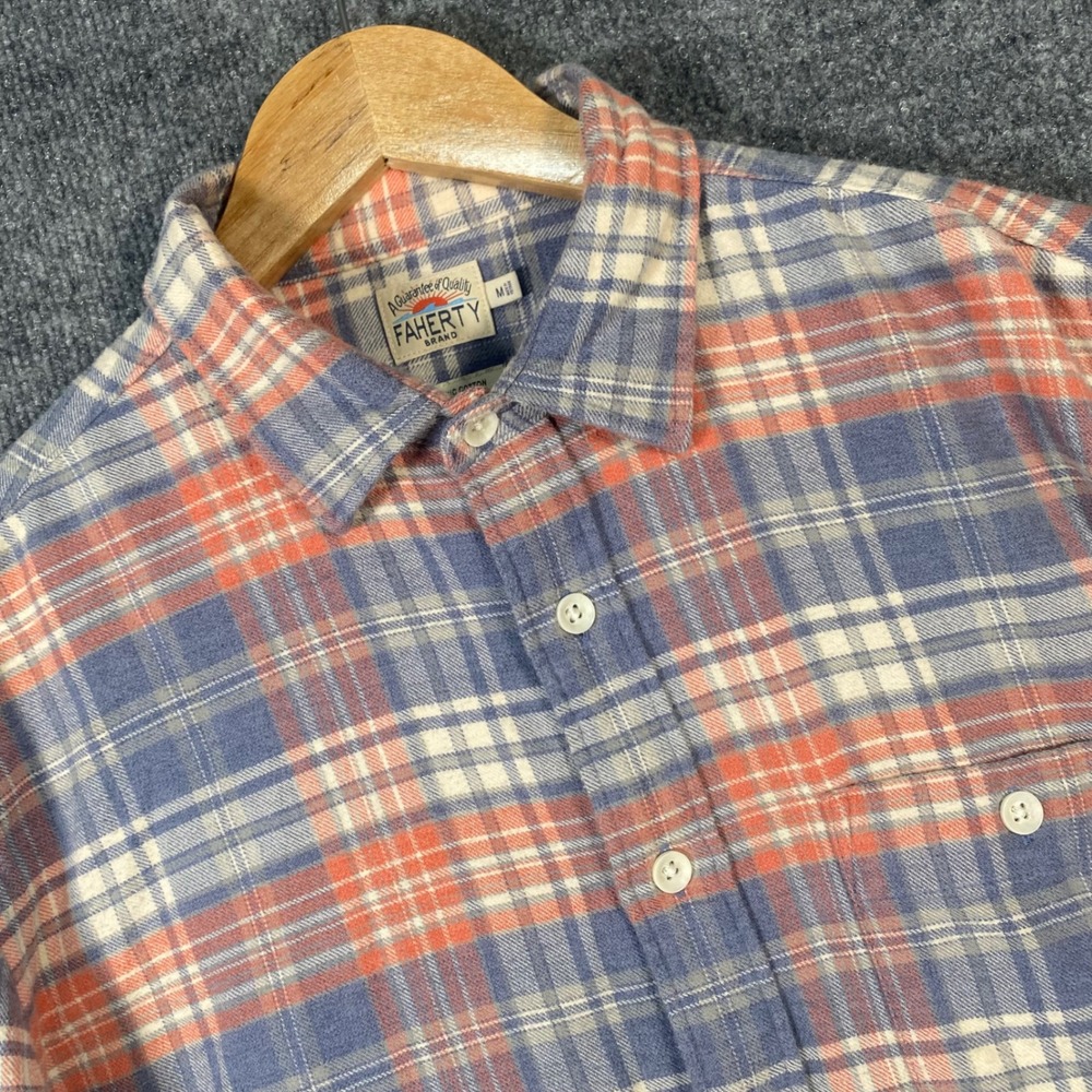Faherty Plaid Flannel Shirt Mens Medium Blue Orange Organic Cotton Heritage
